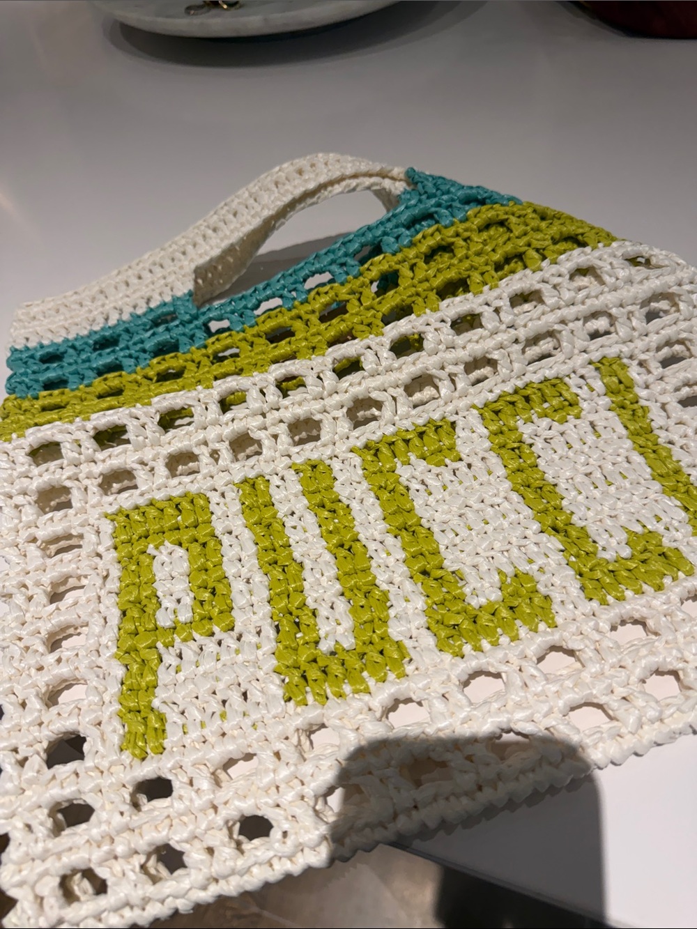Pucci White & Lime Crochet Tote Bag with Aqua Trim